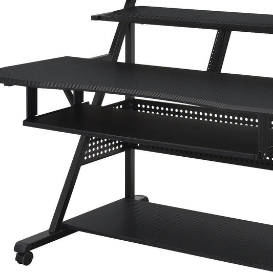 67" Black Wood and Metal Rolling Computer Desk