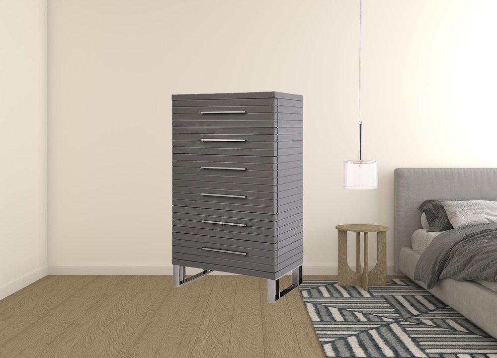30" Grey Manufactured Wood + Solid Wood Stainless Steel Six Drawer Chest HomeRoots