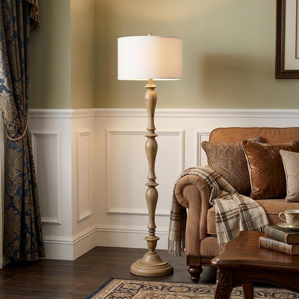 62" Brown And White Polyresin Floor Lamp With White Fabric Shade HomeRoots