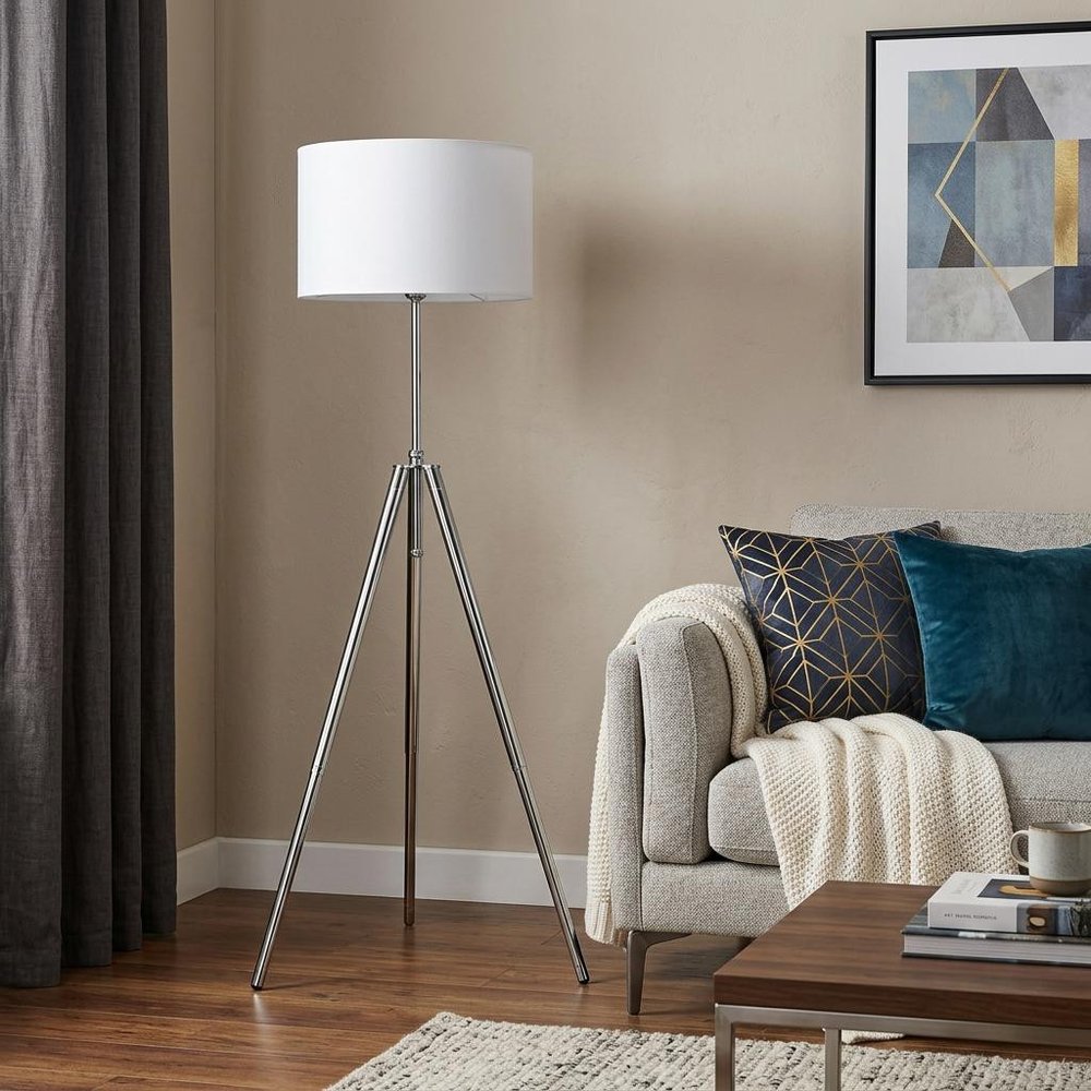 64" Silver Adjustable Tripod Floor Lamp With White Fabric Shade HomeRoots