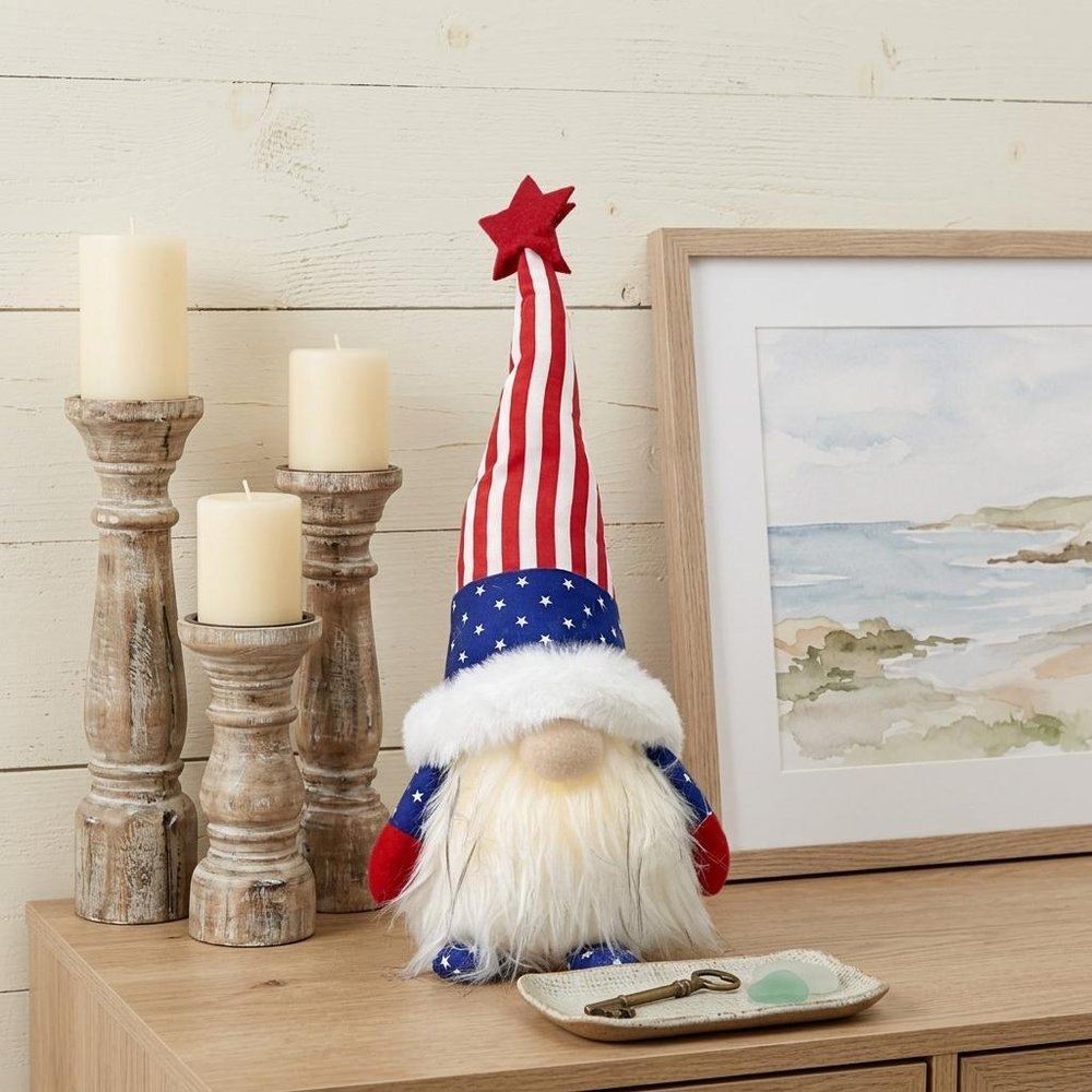 14" Red White and Blue Fabric Independence Day Standing Gnome Tabletop Sculpture with LED HomeRoots