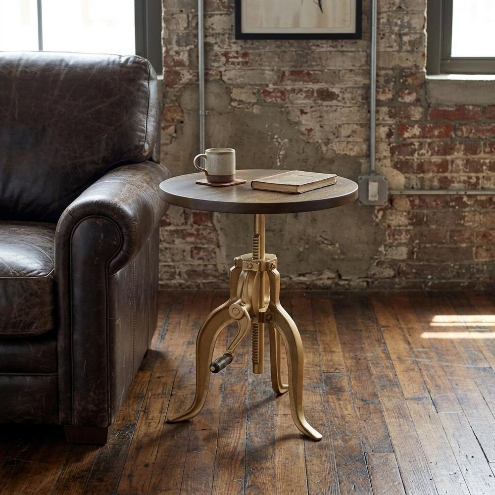 19" Dark Brown And Gold Distressed Solid Wood And Iron Height Adjustable Round End Table