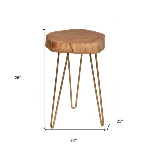26" Gold And Natural Solid Wood Round End Table HomeRoots