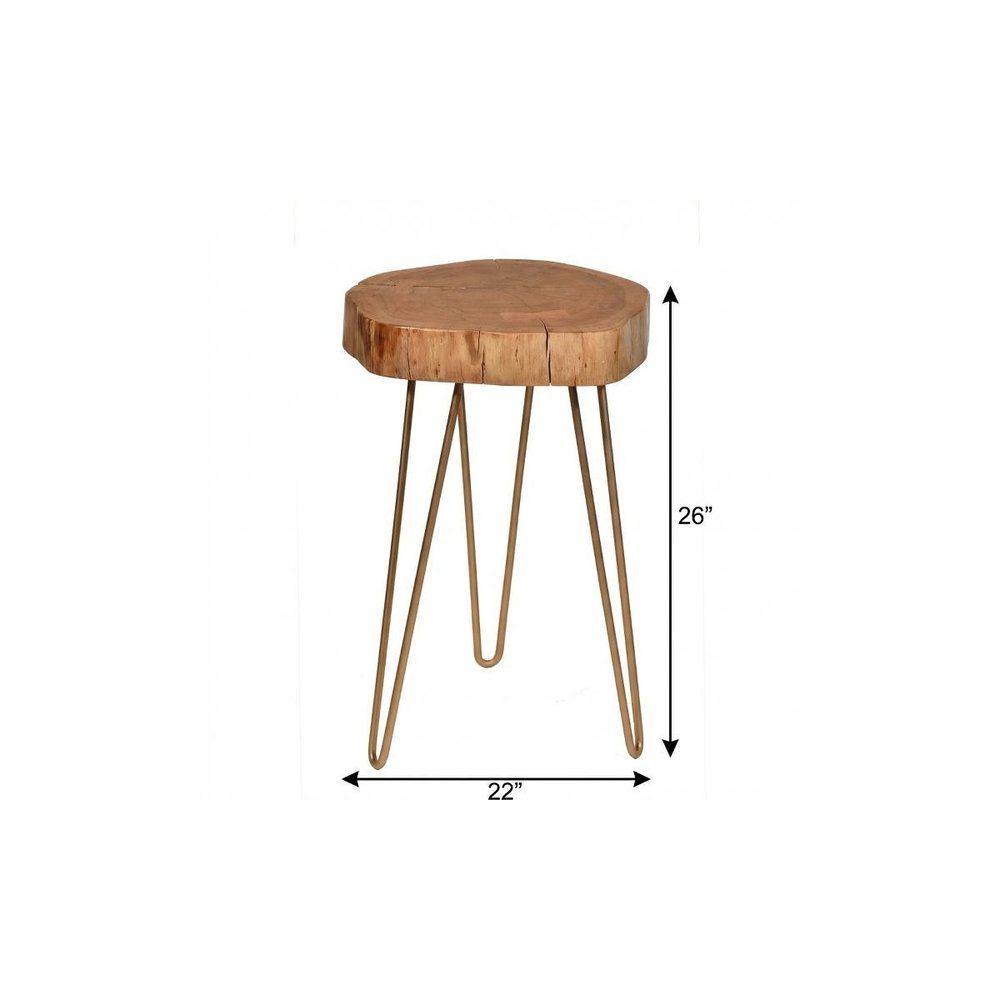 26" Gold And Natural Solid Wood Round End Table HomeRoots