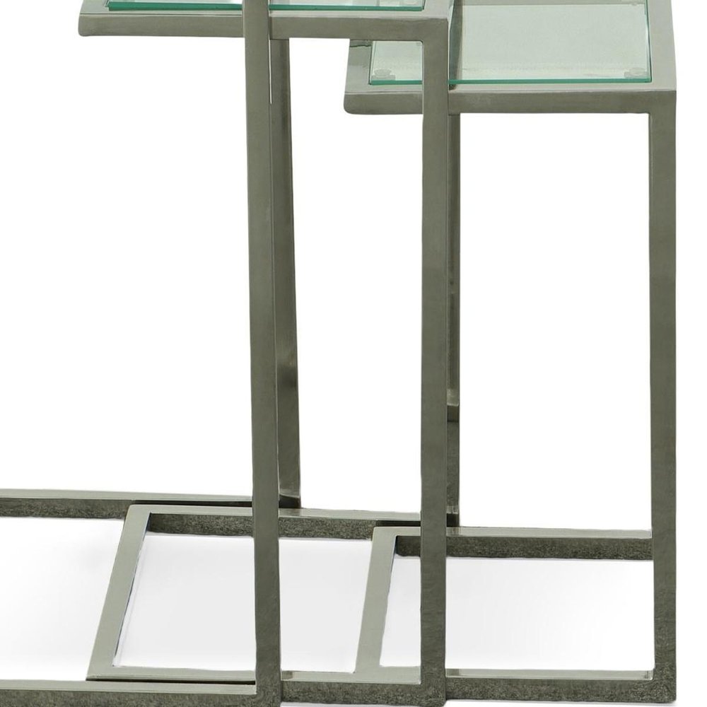 Set of Three Clear And Silver Glass And Steel Nested Tables