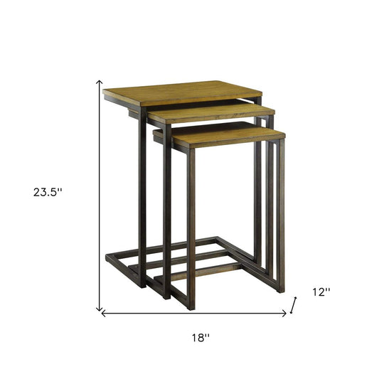 Set of Three Brown and Black Distressed Solid Wood and Steel Frame Nested Tables