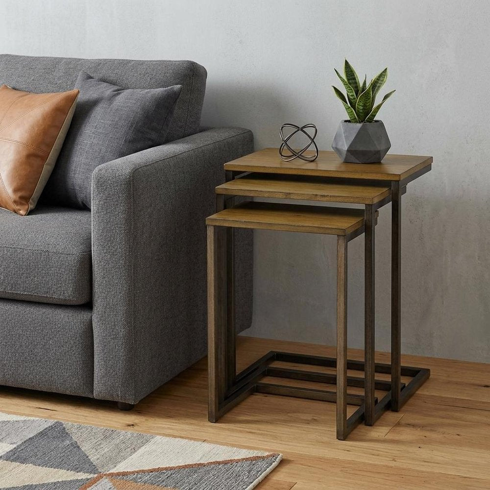 Set of Three Brown and Black Distressed Solid Wood and Steel Frame Nested Tables HomeRoots