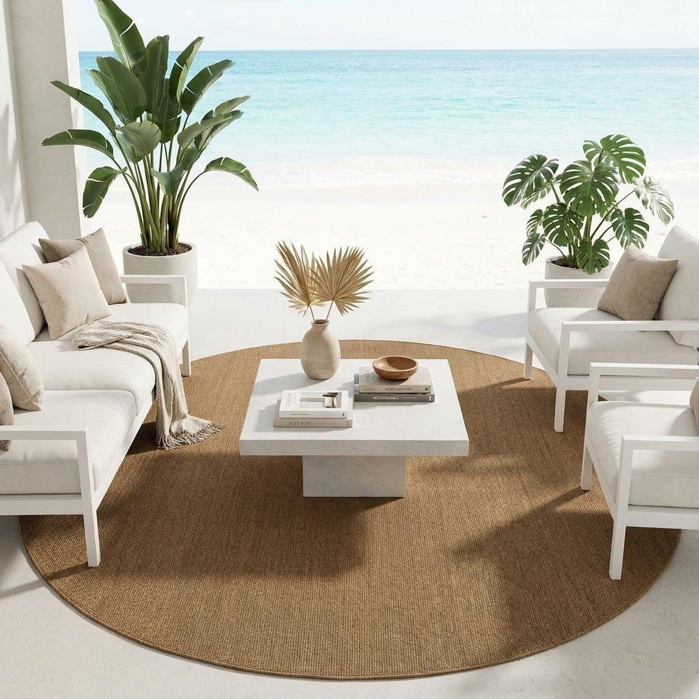 8' X 8' Tan Round Stain Resistant Indoor Outdoor Power Loomed Area Rug HomeRoots