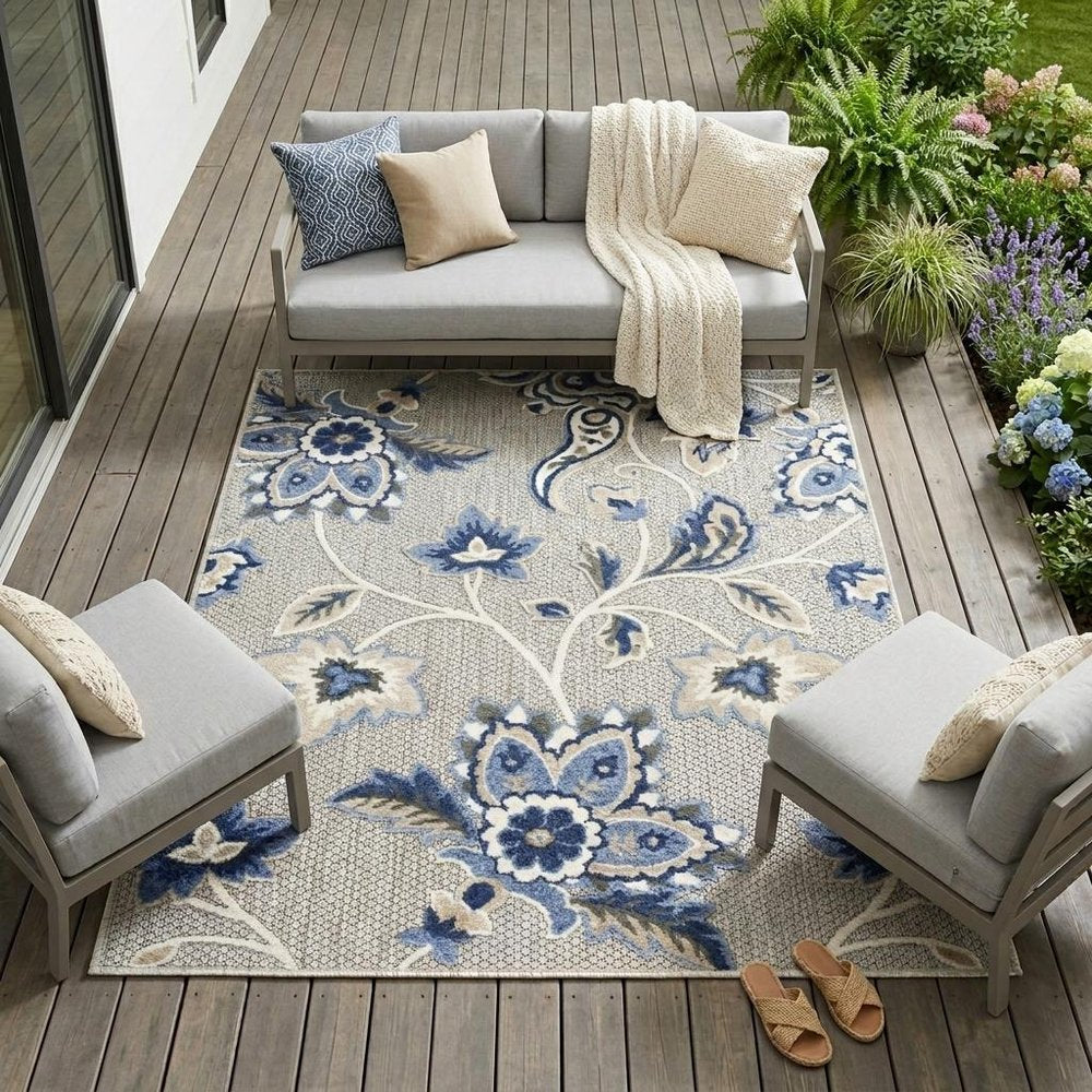 8' X 11' Blue and Gray Floral Non Skid Indoor Outdoor Area Rug HomeRoots