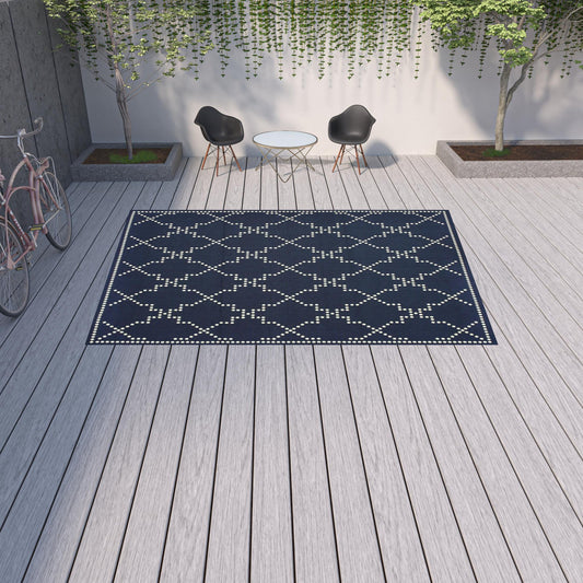 9' X 13' Blue and Ivory Geometric Stain Resistant Indoor Outdoor Area Rug - 0" (L) x 155" (W) x 101" (H) FurniFindUSA