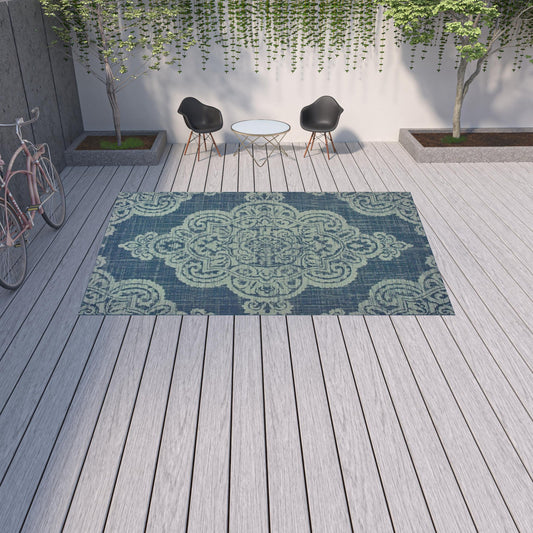 9' X 13' Blue Oriental Stain Resistant Indoor Outdoor Area Rug FurniFindUSA