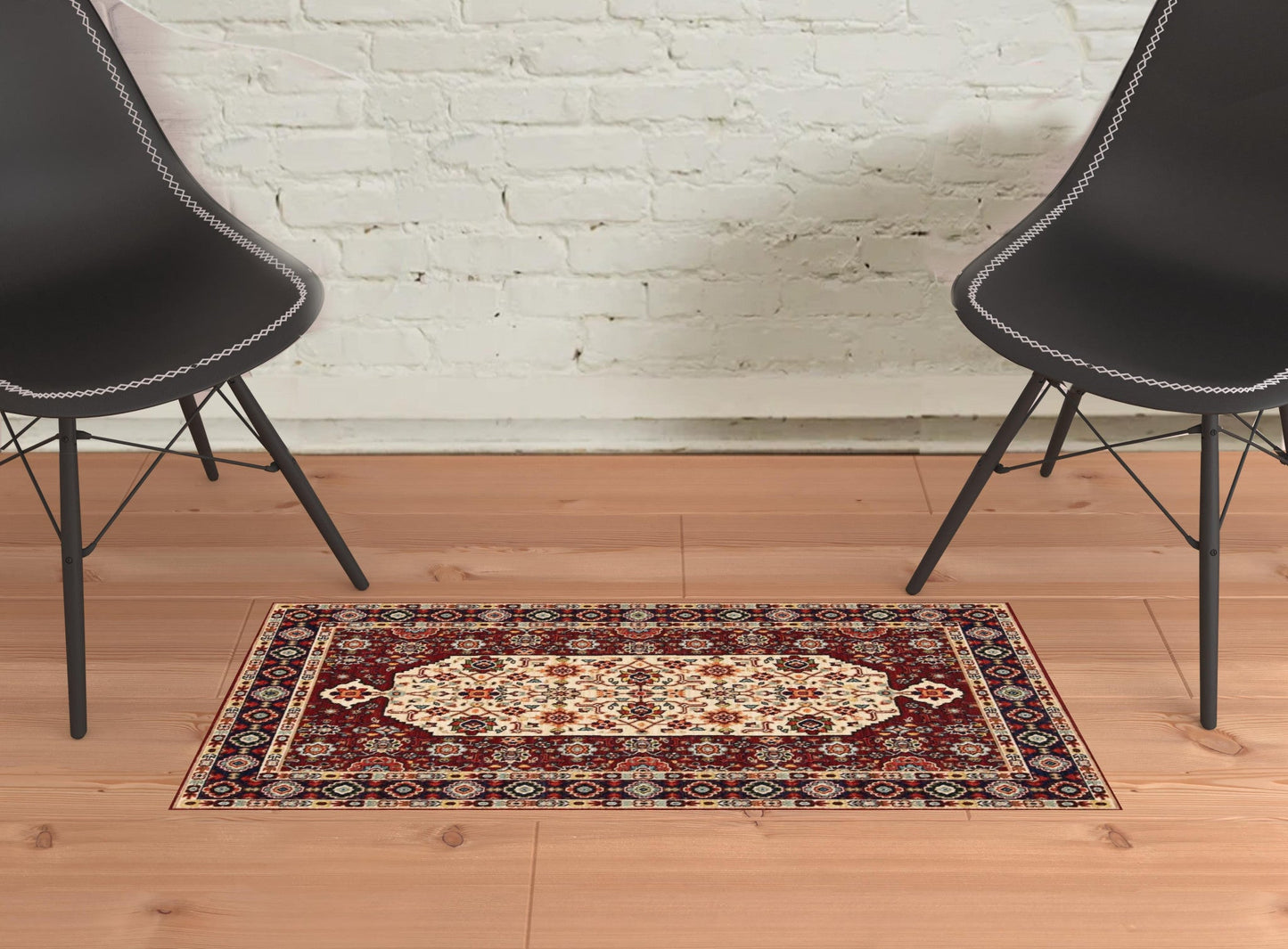 2' X 3' Red Ivory Blue And Orange Oriental Power Loom Stain Resistant Area Rug With Fringe - 63.0" (L) x 87.0" (W) x 1.0" (H) FurniFindUSA