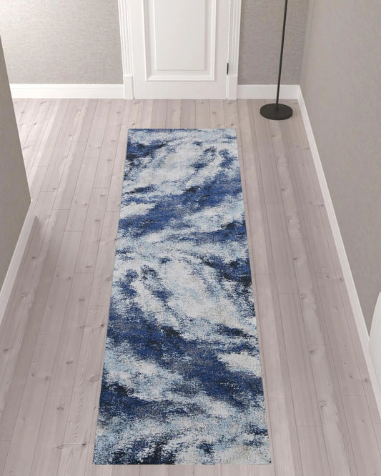 10' Blue and Ivory Abstract Power Loom Runner Rug - 26.0" (L) x 120.0" (W) x 0.28" (H) FurniFindUSA
