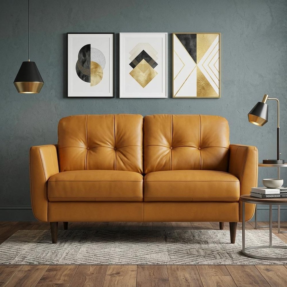 59" Camel And Brown Leather Loveseat HomeRoots