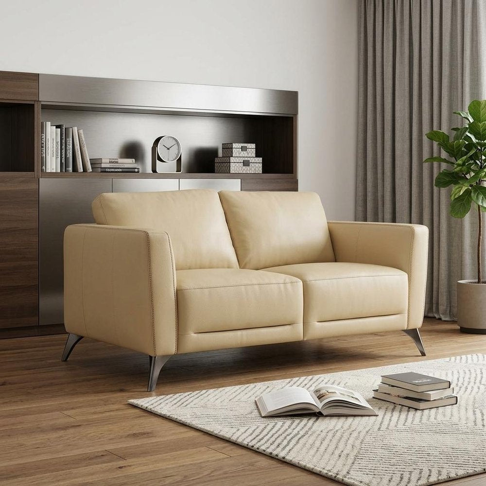 59" Cream And Silver Leather Loveseat HomeRoots