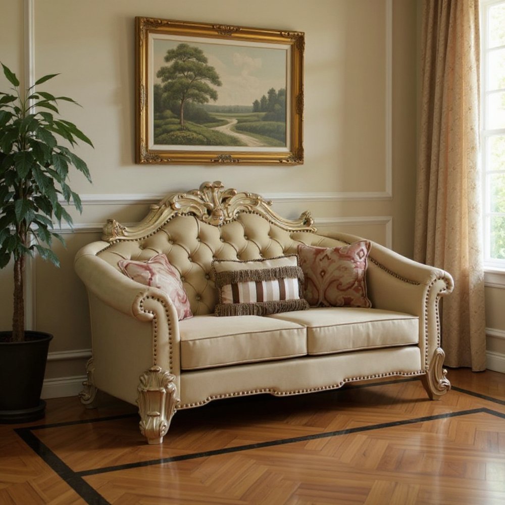 67" Bone And Gold Faux Leather Loveseat and Toss Pillows HomeRoots