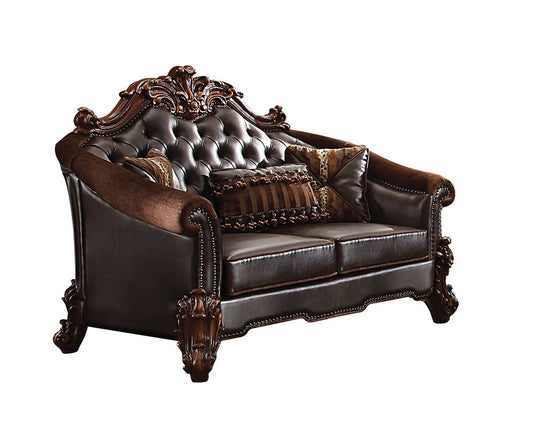 66" Brown And Dark Brown Chenille And Faux Leather Loveseat and Toss Pillows HomeRoots