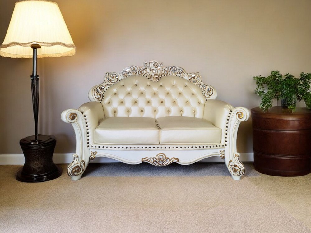 70" Champagne And Pearl Faux Leather Loveseat and Toss Pillows HomeRoots