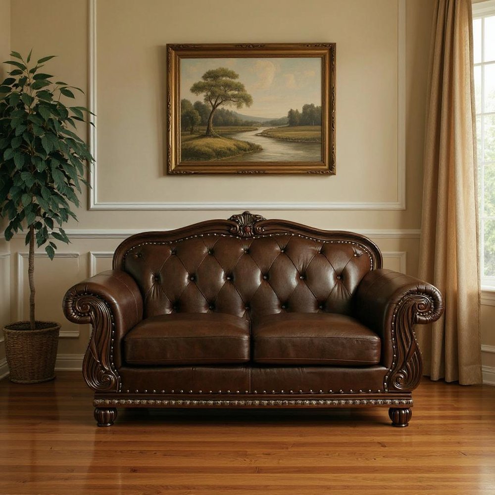 70" Espresso Faux Leather And Black Nailhead Love Seat HomeRoots