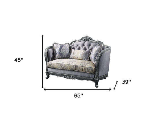 65" Gray And Platinum Silk Blend Loveseat and Toss Pillows HomeRoots