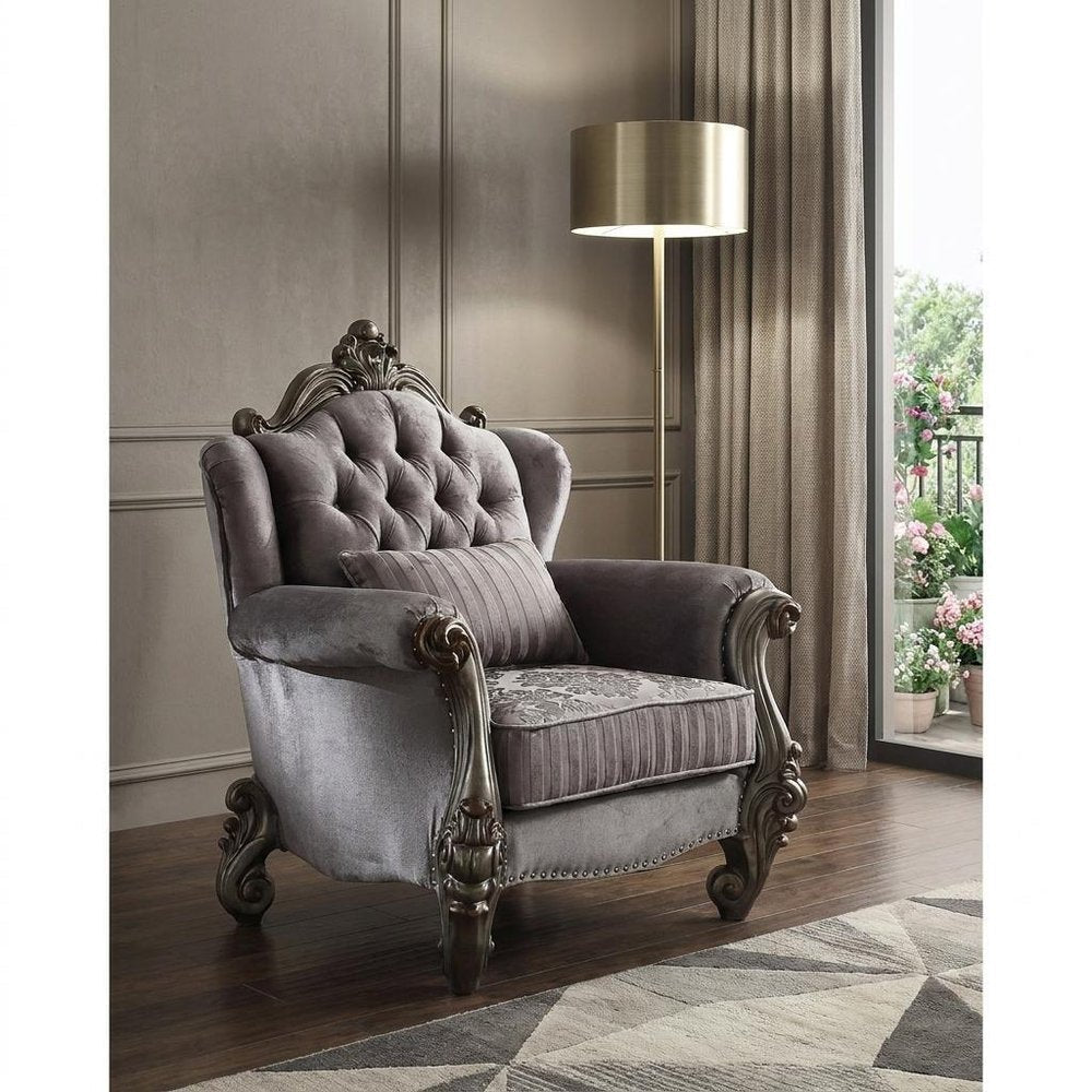 44" Gray and Platinum Velvet Floral Tufted Club Chair And Toss Pillow HomeRoots