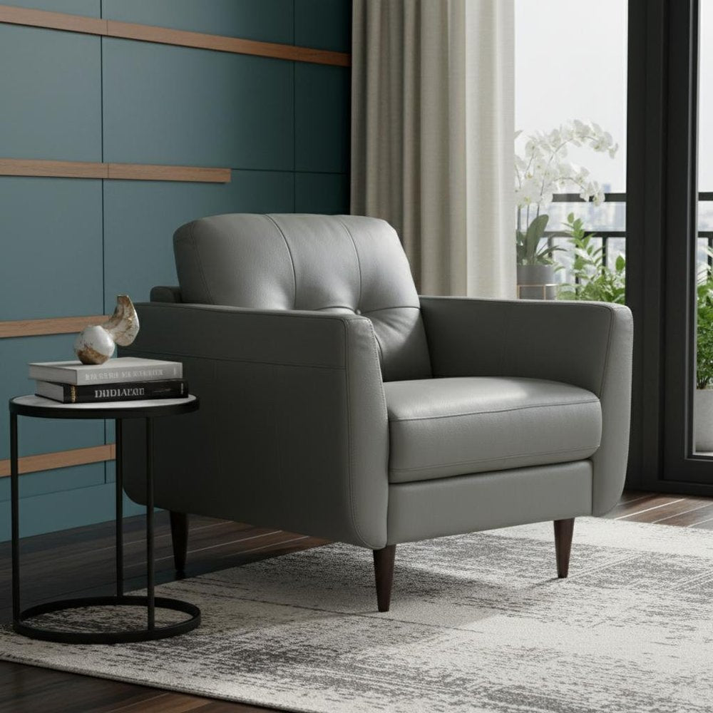 35" Gray and Black Genuine Leather Tufted Arm Chair HomeRoots