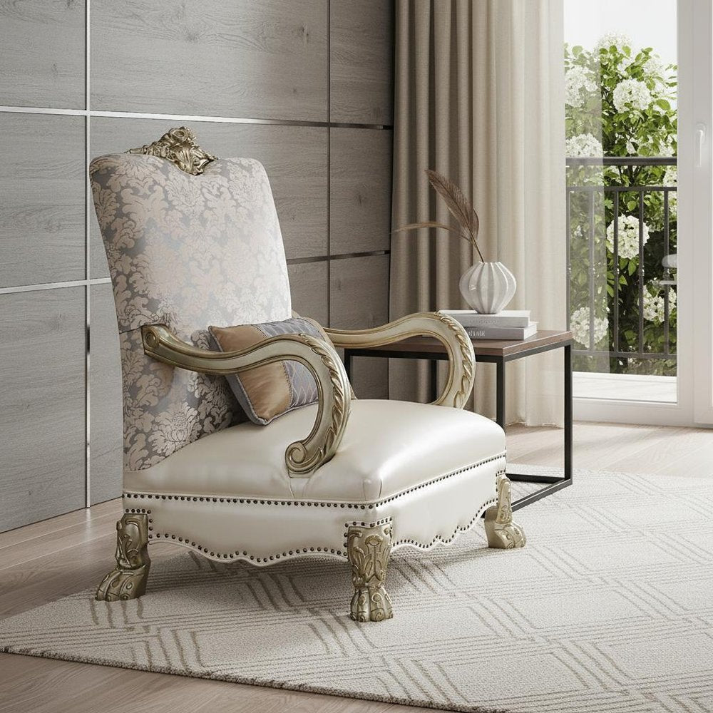 34" Pearl and Gold Faux Leather Floral Arm Chair And Toss Pillow HomeRoots