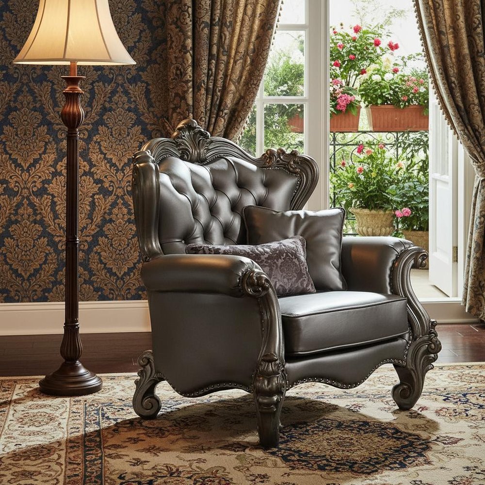 44" Silver and Platinum Faux Leather Tufted Wingback Chair And Toss Pillows HomeRoots