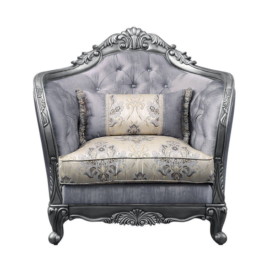 43" Light Gray and Platinum Fabric Floral Tufted Arm Chair And Toss Pillow HomeRoots