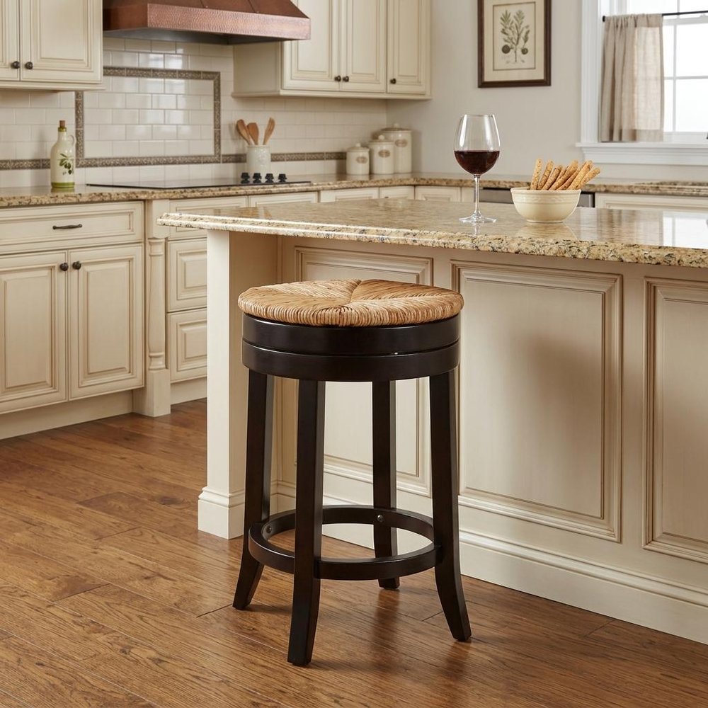 24" Natural and Espresso Rush and Solid Wood Backless Counter Height Swivel Bar Chair HomeRoots
