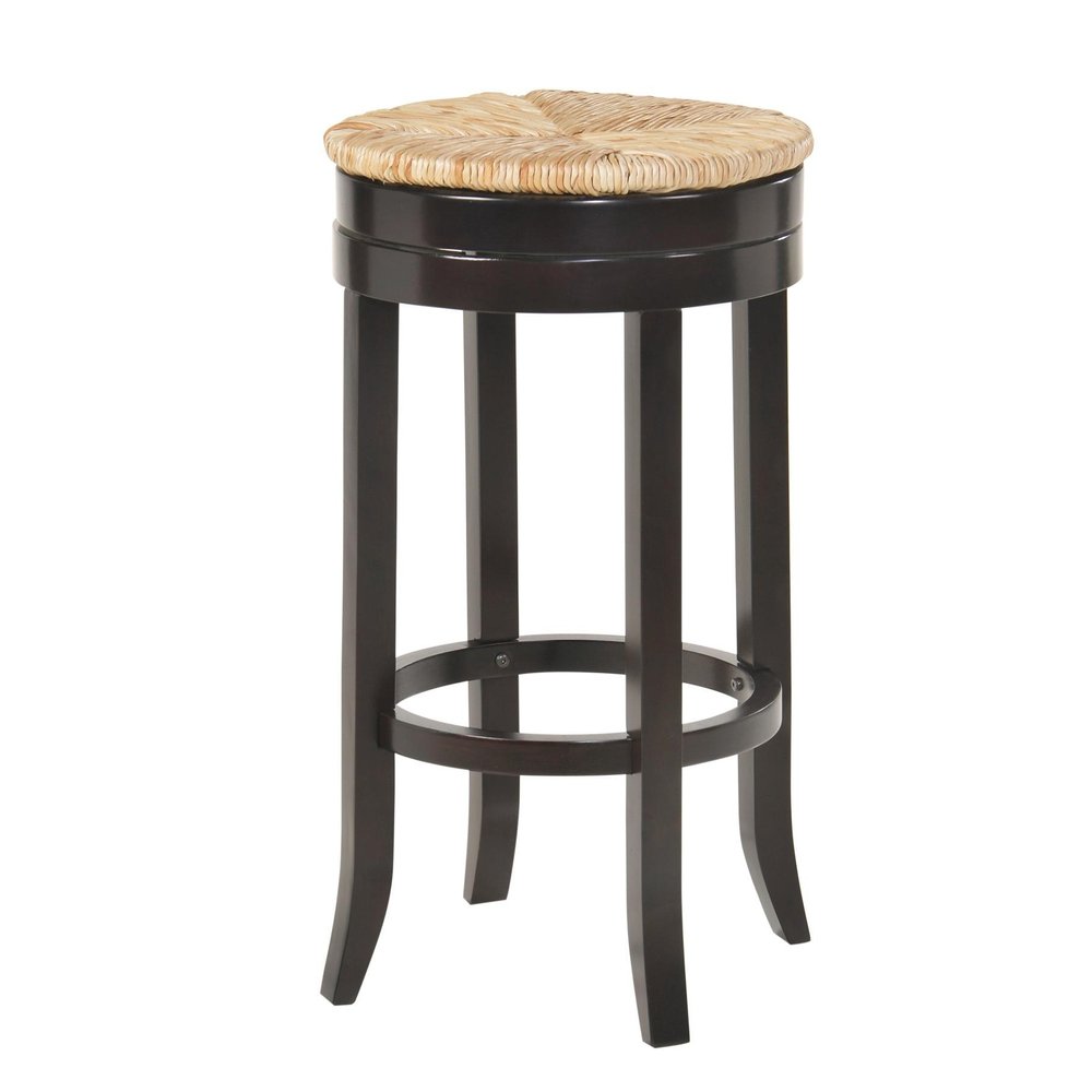 30" Natural And Espresso Rush And Solid Wood Backless Bar Height Swivel Bar Chair HomeRoots