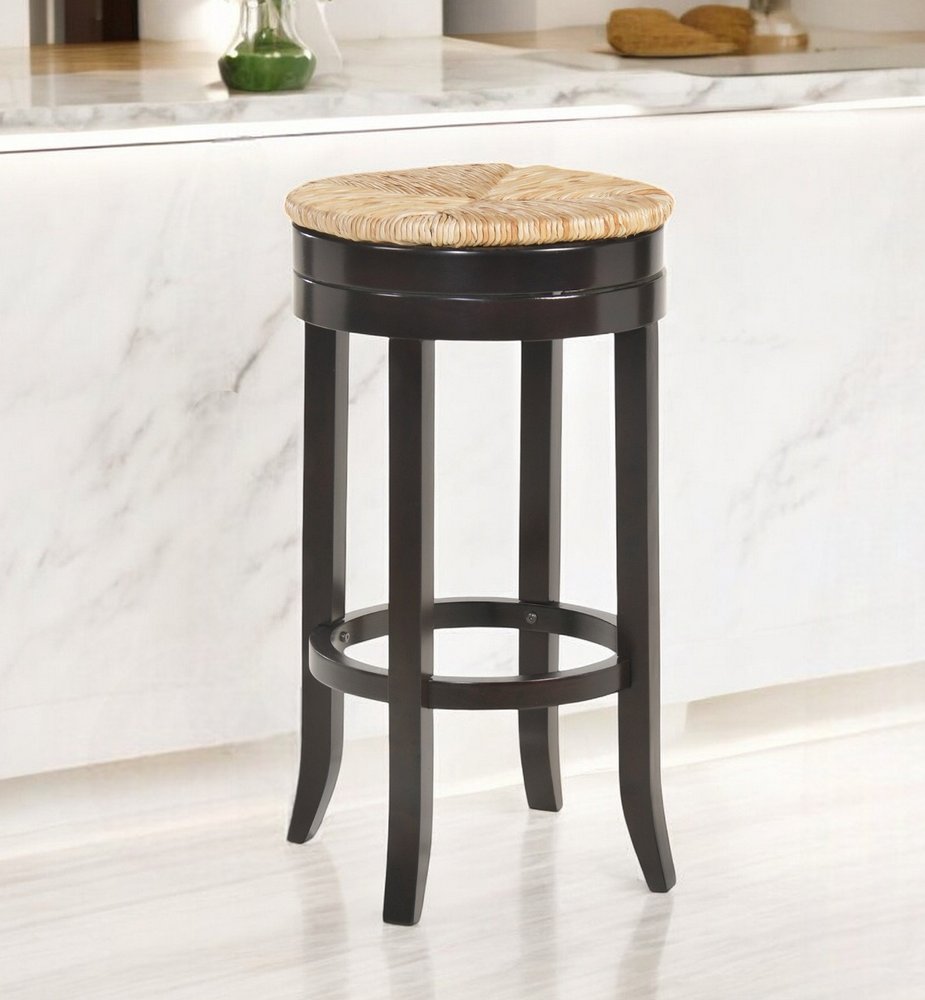30" Natural and Espresso Rush and Solid Wood Backless Bar Height Swivel Bar Chair HomeRoots