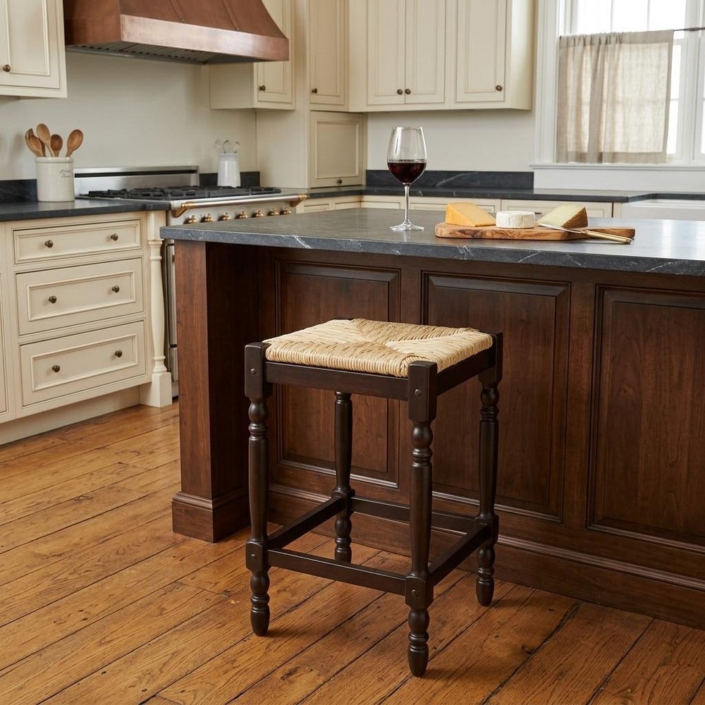 24" Natural And Espresso Rush And Solid Wood Backless Counter Height Bar Chair HomeRoots
