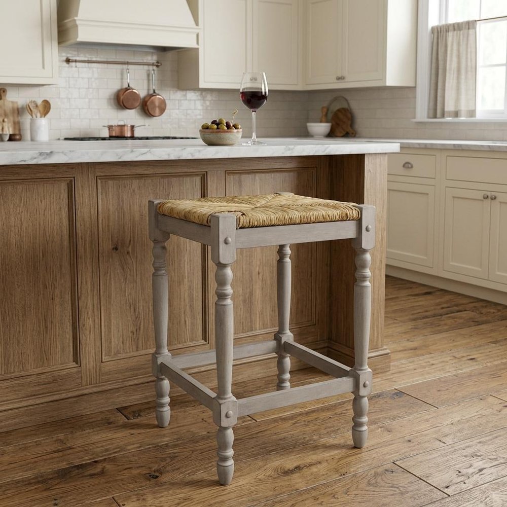 24" Natural And Gray Rush And Solid Wood Backless Counter Height Bar Chair HomeRoots