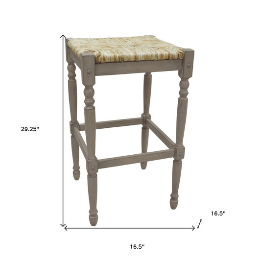 29" Natural And Gray Rush And Solid Wood Backless Bar Height Bar Chair HomeRoots