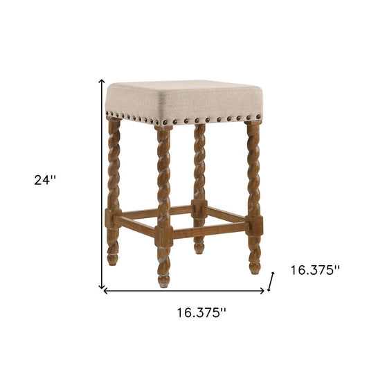 24" Cream And Natural Faux Leather And Fabric And Solid Wood Backless Counter Height Bar Chair HomeRoots