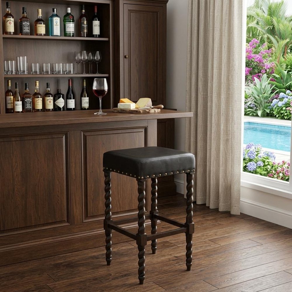 30" Black And Espresso Faux Leather And Fabric And Solid Wood Backless Bar Height Bar Chair HomeRoots