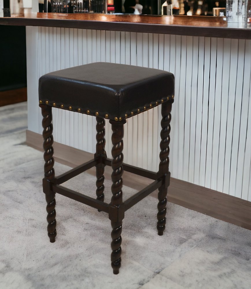 30" Black And Espresso Faux Leather And Solid Wood Backless Bar Height Bar Chair HomeRoots