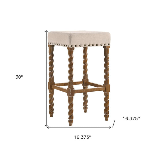 30" Cream And Natural Fabric And Solid Wood Backless Bar Height Bar Chair HomeRoots
