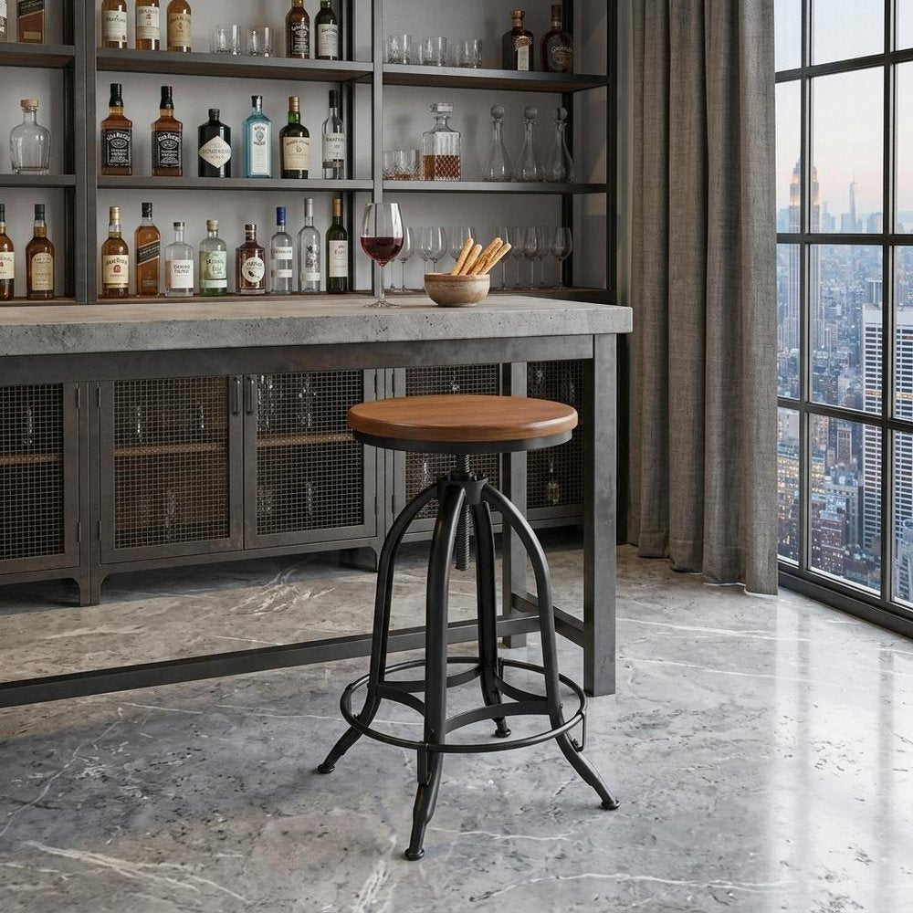 Chestnut And Black Solid Wood And Steel Backless Adjustable Height Swivel Bar Chair HomeRoots