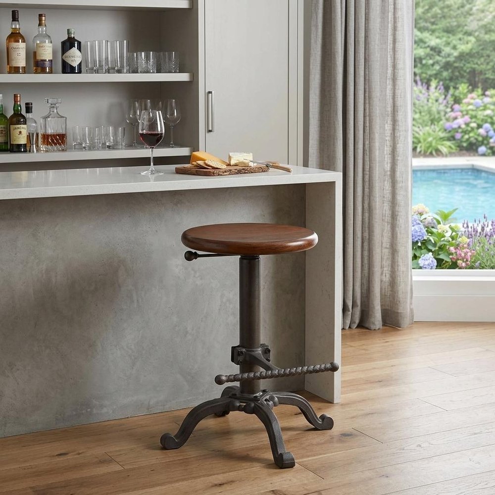 Chestnut And Gray Solid Wood And Steel Backless Adjustable Height Swivel Bar Chair HomeRoots