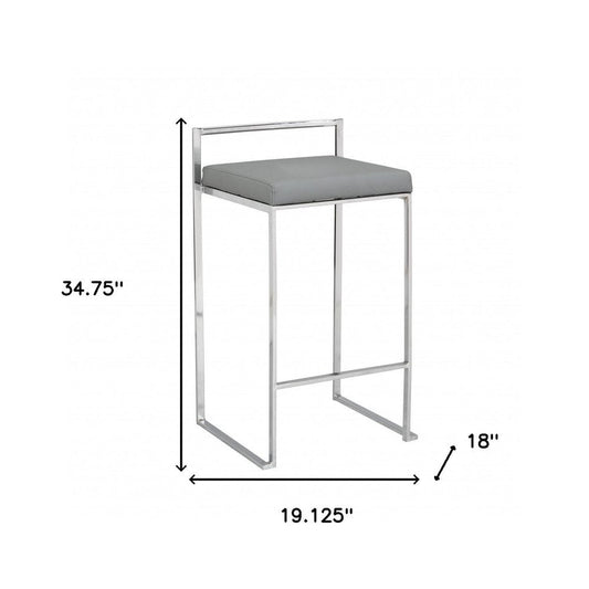 35" Gray And Silver Faux Leather And Steel Low Back Bar Height Bar Chair HomeRoots