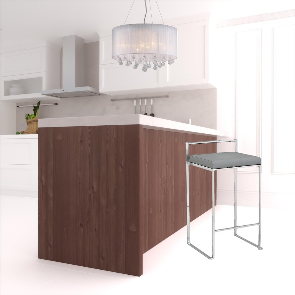 35" Gray And Silver Faux Leather And Steel Low Back Bar Height Bar Chair HomeRoots