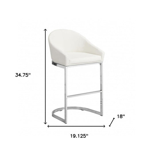 35" White and Silver Faux Leather and Steel Low Back Bar Height Bar Chair HomeRoots