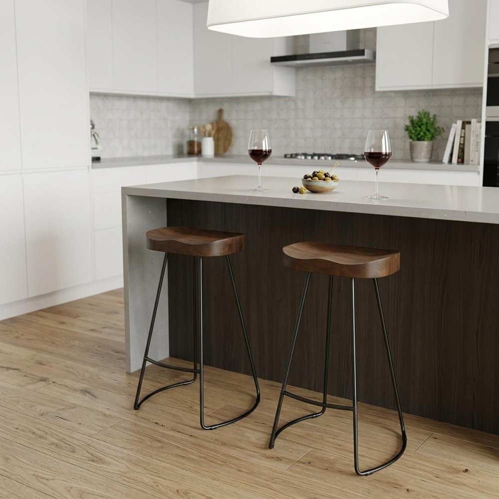 Set of Two 25" Chestnut And Black Solid Wood And Steel Backless Counter Height Bar Chairs HomeRoots