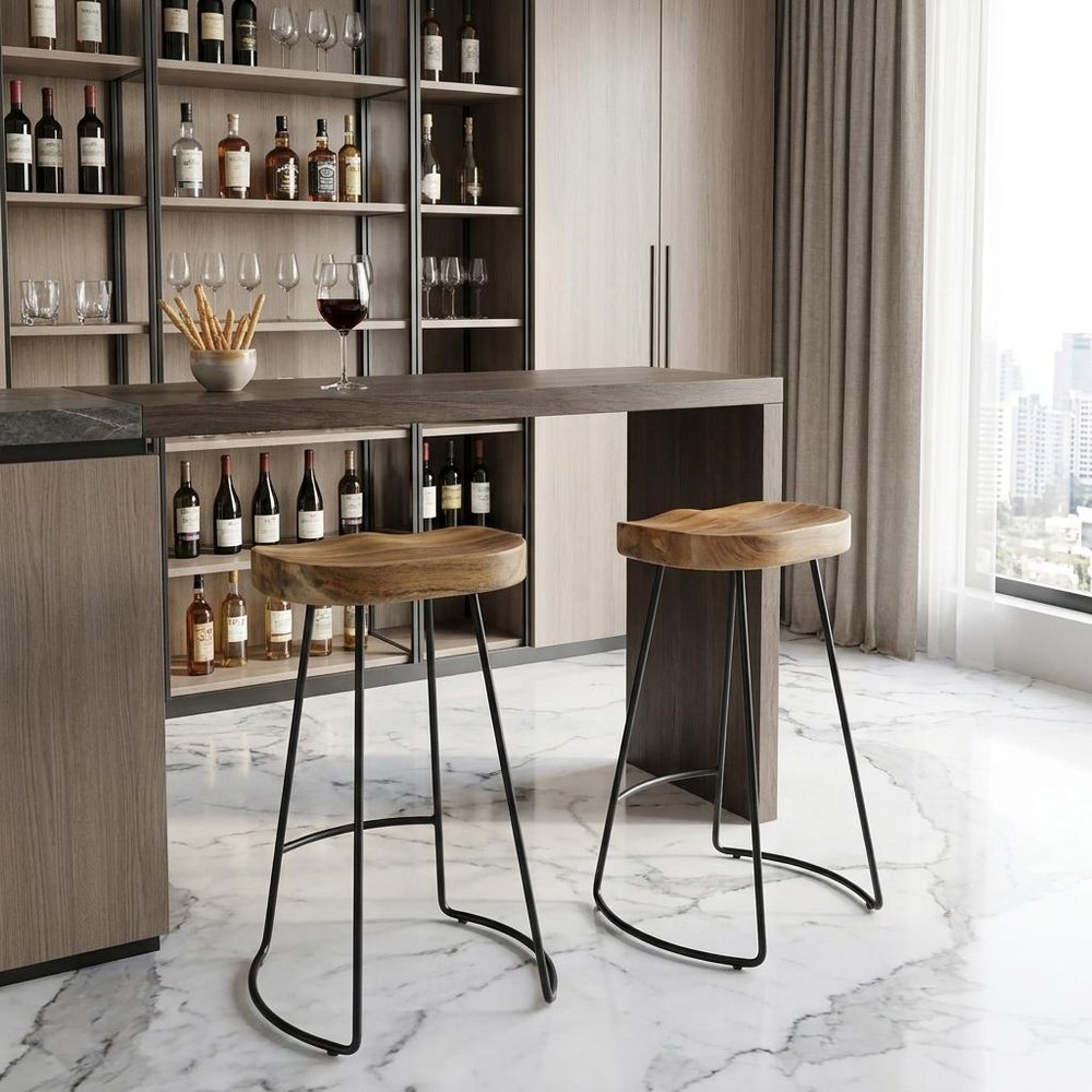 Set of Two 25" Natural And Black Solid Wood And Steel Backless Counter Height Bar Chairs HomeRoots