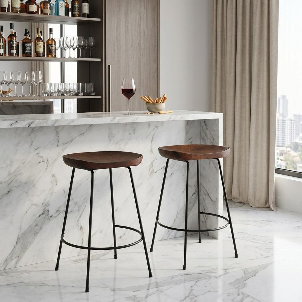 Set of Two 25" Chestnut And Black Solid Wood And Steel Backless Counter Height Bar Chairs HomeRoots