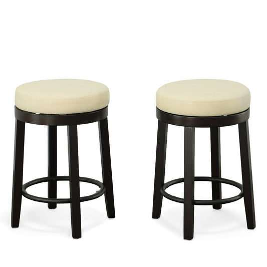 Set of Two 24" Cream And Espresso Solid Wood Backless Counter Height Swivel Bar Chairs HomeRoots