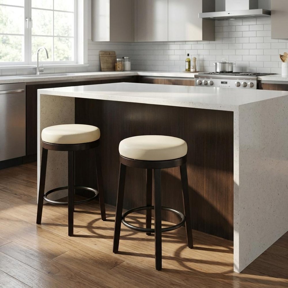 Set of Two 24" Cream And Espresso Solid Wood Backless Counter Height Swivel Bar Chairs HomeRoots