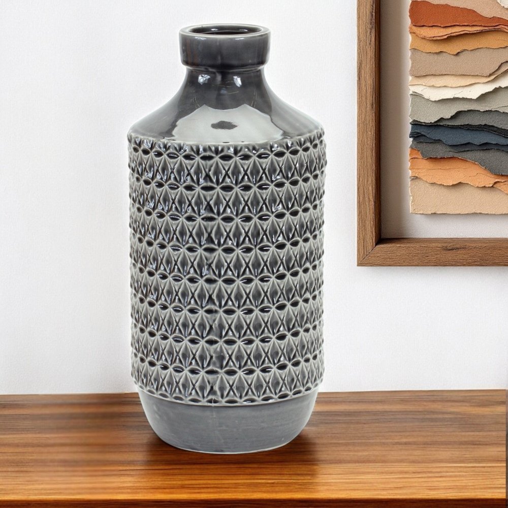 15" Gray Geometric Cylinder Terracotta Table Vase HomeRoots
